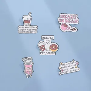 Creative set of funny coffee themed enamel pins featuring cats donuts and coffee puns.