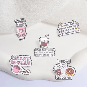 Set of five coffee themed enamel pins with funny slogans and cute cat illustrations