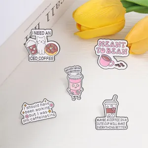 Funny coffee enamel pins with puns featuring cat and donut designs for backpack decoration