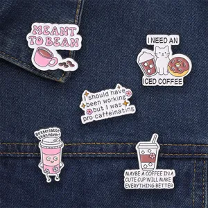 5-piece funny coffee themed enamel pin set with puns on blue denim background