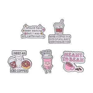 Collection of five funny coffee and cat enamel pins with witty puns for backpacks.
