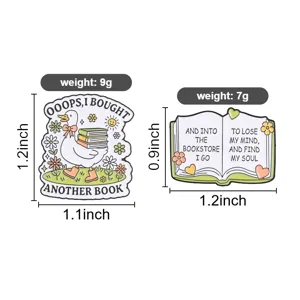 Detailed view of two cute book lover enamel pins with dimensions and weight info