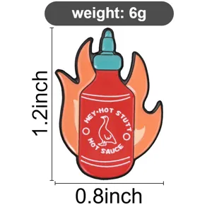 Detail of flame hot sauce bottle enamel pin showing size 1.2x0.8 inches and weight 6g