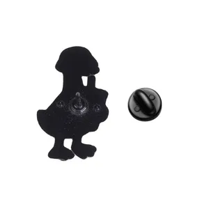 Macro detail of black metal backing and secure clutch for goose enamel pin badge.