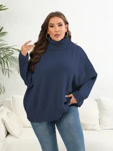 Plus size solid turtleneck sweater for women, cozy long sleeve oversized knit pullover.