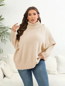 Solid color turtleneck sweater for women, plus size loose long sleeve knitted pullover top.