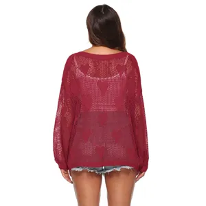 Dames losse opengewerkte gebreide trui casual lange mouwen hartjes patroon top