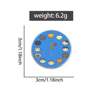 Detail view of round metal cat brooch showing 3cm diameter and 6.2g weight specs