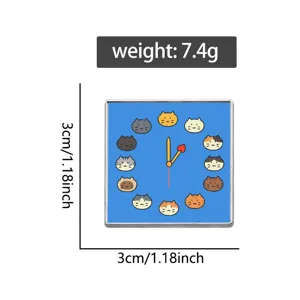 Detailed view of the square cat clock enamel pin showing 3cm size and 7.4g weight