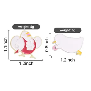 Détail d'épinglettes en émail canard musclé avec dimensions et poids indiqués.