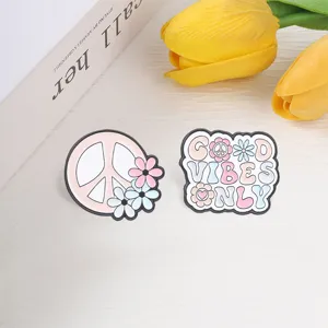Retro hippie pink peace sign and flower enamel pins set for sweet aesthetic outfits