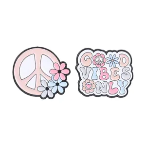 Vintage hippie peace sign and daisy flower enamel pins set with Good Vibes Only message