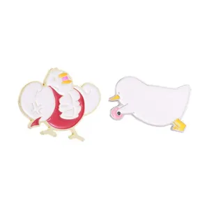 Set de broches en émail canard blanc musclé et canard mignon avec anneau rose