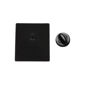 Detailed back view of a black metal enamel pin with a secure rubber clutch back.