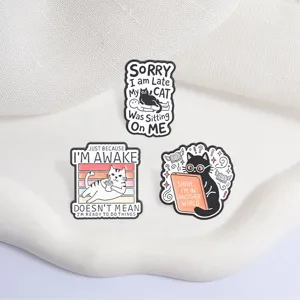Set of 3 funny cartoon cat enamel pins featuring humorous English quotes for lapel decor