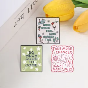 Inspirational enamel brooches set featuring dancing cats, landscape, and star designs