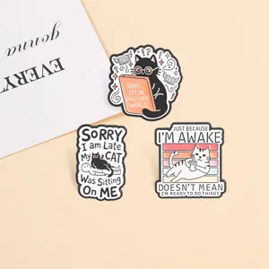 Funny cat enamel pins set with quirky English quotes and cute cartoon designs for bags