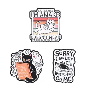 Set of three funny cat enamel pins with humorous English quotes on white background