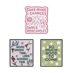 Set of three inspirational metal enamel pins featuring cats, nature, and star motifs.
