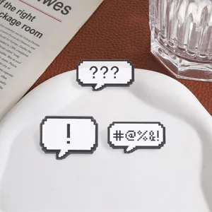Retro pixel art speech bubble enamel pins featuring exclamation and question marks