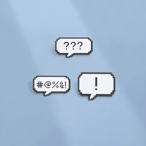 Set of pixel art speech bubble enamel pins featuring retro video game symbols.