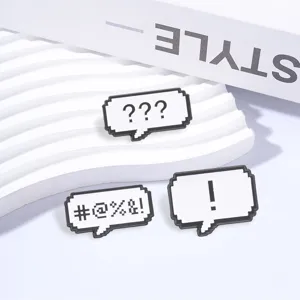 Retro pixel speech bubble enamel pins set featuring exclamation and question marks