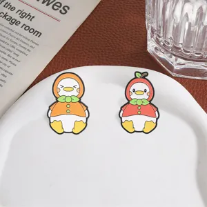 Cute cartoon fruit duck enamel pins with apple and orange designs for backpack accessories