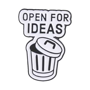 Humorous trash can enamel pin badge with 'Open For Ideas' text for backpack decoration