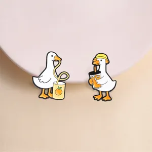 Cartoon Goose Enamel Pin Funny White Duck Drinking Badge Zinc Alloy Cute Animal Brooch For Backpack Clothes Gift