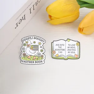 Funny duck and open book enamel pins for reading lovers with quotes