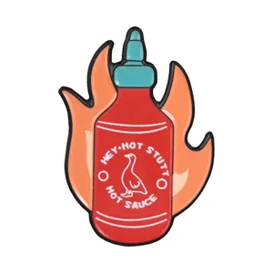 Funny hot sauce bottle enamel pin with duck and flames for backpacks and jackets