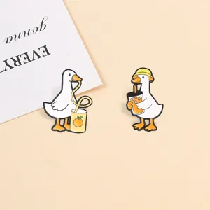Set of cute cartoon white goose enamel pins drinking beverages on a beige background