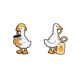 Set of cute cartoon white goose drinking orange juice enamel pins for bags and clothing accessories