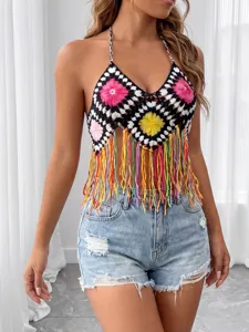 Handcrafted crochet halter top with colorful fringe and floral granny squares for women beachwear.