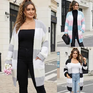 Plus size colorblock striped knitted cardigan for women with dual pockets and open front.