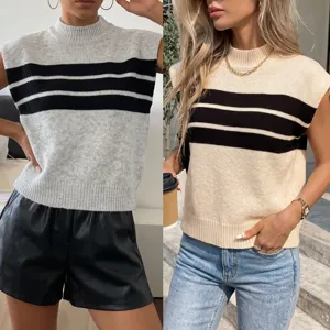 Detail of women's casual striped knit vest with a mock neck design in grey and beige tones.