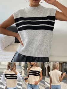 Women Striped Mock Neck Knitted Vest Color-Block Sleeveless Sweater Casual Loose Pullover Top Western Streetwear Knitted Vest