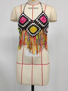 Handmade crochet halter bikini top featuring vibrant colorful tassels for beach summer style