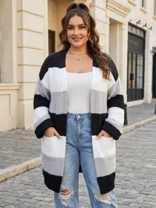 Details of plus size colorblock striped cardigan sweater with pockets for women casual daily wear.