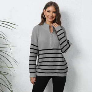 Damen lässiger grau gestreifter Halb-Zip Strickpullover langarm Winter Pulli Oberteil
