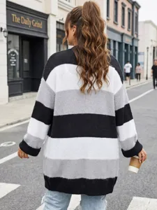 Women's color block striped knitted cardigan casual long sleeve open front sweater coat.