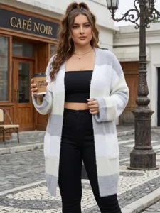 Women's color block striped long cardigan casual open front sweater coat with dual pockets.