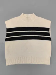 Full front view of a women's cream knit vest featuring black horizontal stripes and mock neck