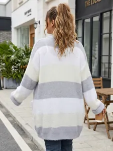 Women's color block striped cardigan sweater coat, casual long sleeve knit outerwear.