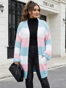 Color block striped cardigan sweater with pink, blue and white tones and dual pockets outfit.
