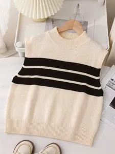 Close-up view of a high-quality cream and black striped knitted sweater vest for women