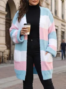 Detail shot of women's color block striped cardigan sweater with double pockets and soft knit fabric.