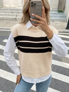 Casual striped sleeveless sweater vest for women with beige and black color blocking