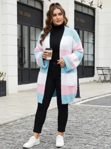 Plus size colorblock striped cardigan sweater for women, cozy knit outerwear with pockets.