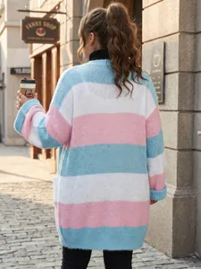 Detailed view of women's colorblock striped knit cardigan featuring cozy oversized fit and patch pockets.